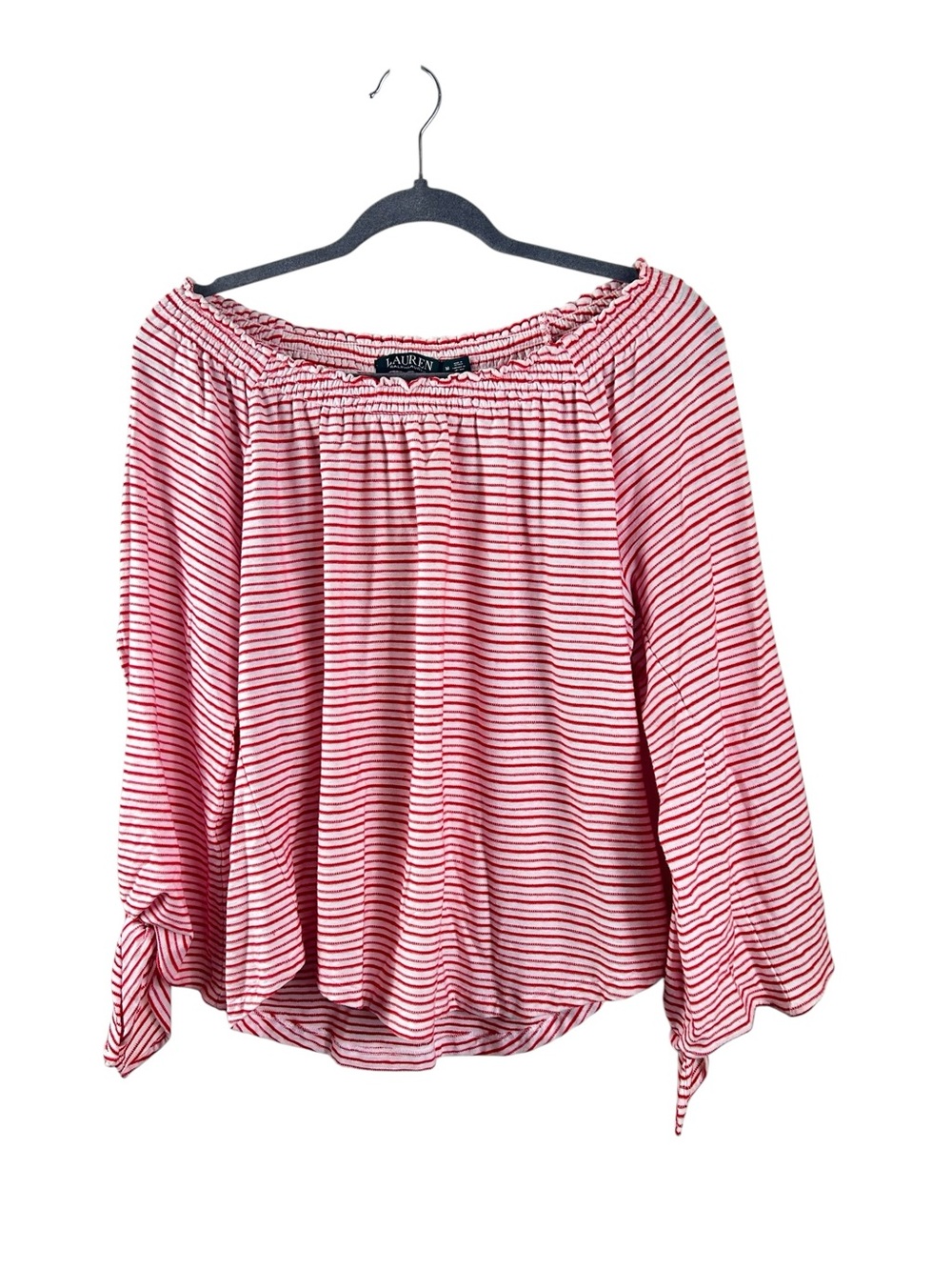 Ralph Lauren Womens Top medium Red White Stripe On Off Shoulder Split 3/4 Sleeve